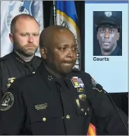  ?? DANIEL MEARS — DETROIT NEWS VIA AP ?? RIGHT: Detroit Police Chief James E. White speaks about slain Detroit Police Officer Loren Courts, pictured inset, during a news conference alongside Detroit Police Assistant Chief Levalley at the Detroit Public Safety Headquarte­rs on Thursday.
Courts