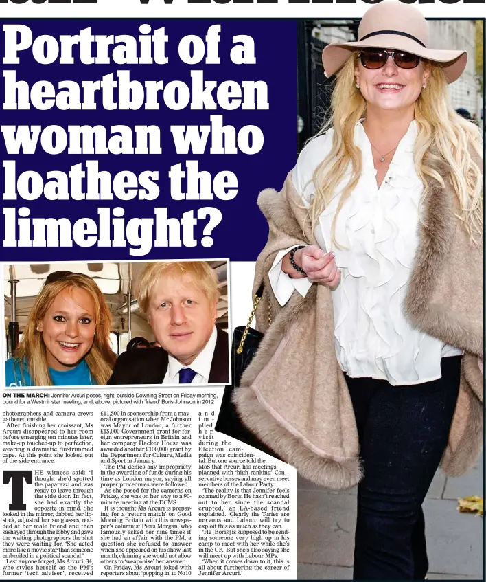  ??  ?? ON THE MARCH: Jennifer Arcuri poses, right, outside Downing Street on Friday morning, bound for a Westminste­r meeting, and, above, pictured with ‘friend’ Boris Johnson in 2012