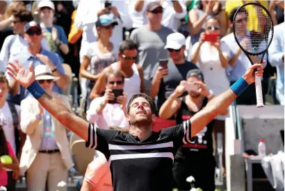  ?? Reuters ?? Argentina’s Juan Martin del Potro celebrates after winning his quarterfin­al match against Croatia’s Marin Cilic on Thursday. —