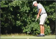  ?? (Arkansas Democrat-Gazette/Staci Vandagriff) ?? Connor Gaunt of Cabot watches a putt during Saturday’s second round of the ASGA Maumelle Classic at Maumelle Country Club. Gaunt shot a 2-under 70 and trails Open Division leader Tyler Reynolds of Rogers by one shot going into today’s final round.