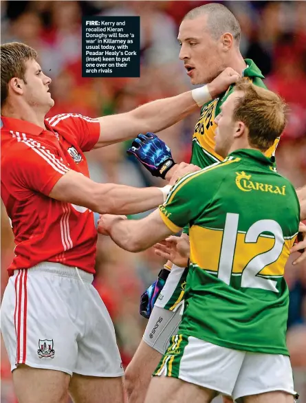  ??  ?? FIRE: Kerry and recalled Kieran Donaghy will face ‘a
war’ in Killarney as usual today, with Peadar Healy’s Cork (inset) keen to put one over on their arch rivals