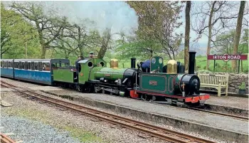  ?? RER ?? On May 2, Katie and River Irt are seen double-heading at the Everything Goes! Gala. River Irt is the world’s oldest working 15in gauge locomotive.