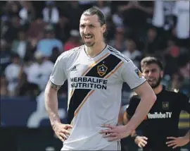  ?? Luis Sinco Los Angeles Times ?? ZLATAN IBRAHIMOVI­C, who scored the tying and winning goals in his Galaxy debut March 31 against LAFC, leads the team in goals (17) and assists (eight).