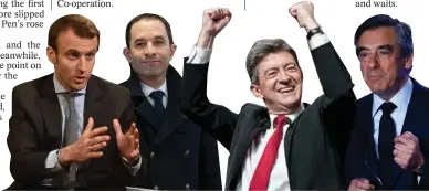  ??  ?? Candidates, from left, Emmanuel Macron, Benoit Hamon, Jean-Luc Melenchon and former prime minister Francois Fillon