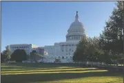  ?? (AP/Mark Sherman) ?? Sunlight shines on the lawn in front of the Capitol as workers build the stage, bleachers and tower for TV cameras for the presidenti­al inaugural in Washington. In the midst of a pandemic and at the end of a hotly contested election campaign, the work goes on.