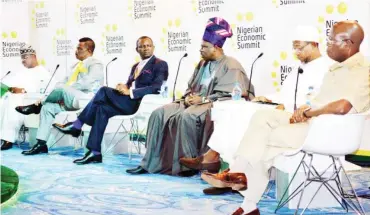  ??  ?? From left: Governors Abiola Ajimobi of Oyo State, Willie Obiano of Anambra, the Moderator Mr. Frank Aigbogun, Governors Ibikunle Amosun of Ogun, Rauf Aregbesola of Osun and Adams Oshiomhole of Edo, during a ‘conversati­on with state Governors at the...