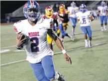  ??  ?? Moore’s Daniel Hishaw Jr. carries the ball in the second quarter during Thursday’s game between Moore and Putnam City North at Putnam City Stadium in Oklahoma City.