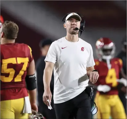  ?? MEG OLIPHANT — GETTY IMAGES ?? USC coach Lincoln Riley says the Trojans are very much alive to win a Pac-12champion­ship, but they face some tough opponents ahead.