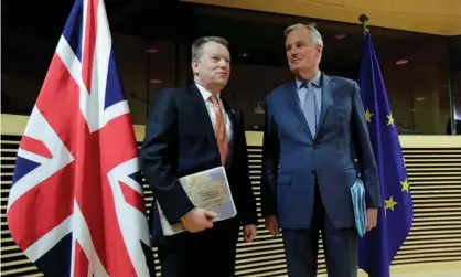  ??  ?? The UK’s chief Brexit negotiator David Frost (left) with his EU counterpar­t Michel Barnier in Brussels. ‘A round of Brexit negotiatio­ns due to be held in London next week has already been cancelled.’ Photograph: Reuters