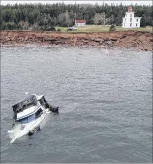  ?? SUBMITTED PHOTO ?? An RCMP drone captured this image of a pleasure craft that sank in the mouth of the Charlottet­own Harbour on Wednesday night. Fifteen people were rescued by a crew from HMCS Queen Charlotte.