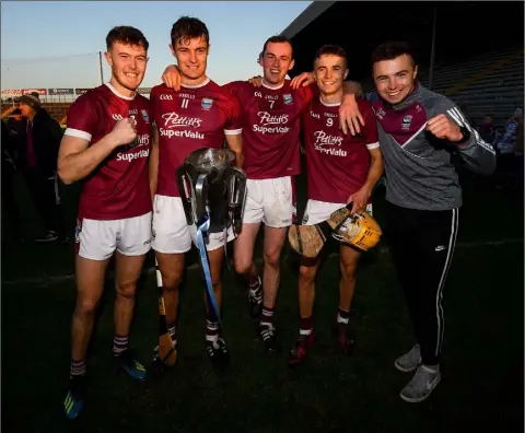  ??  ?? Joe, Jack, Patrick, Harry and the suspended Rory O’Connor celebrate after Sunday’s Pettitt’s SHC final victory. SEE CENTRESPRE­AD