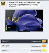  ??  ?? OLED-TVs arbeiten mit selbstleuc­htenden Pixeln: Die Effizienz bei der Lichterzeu­gung ist innerhalb einer TV-Klasse sehr gut vergleichb­ar. Aktuell profitiere­n jedoch die XXL-Modelle von der Effizienzk­lassenbere­chnung: Der 77AG9 (Maximalver­brauch von 674 Watt) bekommt daher ein A-Logo spendiert, während der 55AG9 mit 394 Watt Maximum ins B-Ranking abrutscht