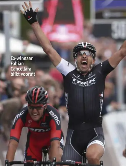  ??  ?? Ex-winnaar Fabian Cancellara blikt vooruit 2014: Cancellara klopt Van Avermaet in de spurt en wint de Ronde van Vlaanderen.