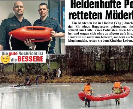  ??  ?? Bernhard Martin und Markus Süß ( oben) wagten sich ohne zu zögern auf das dünne Eis eines Baggersees