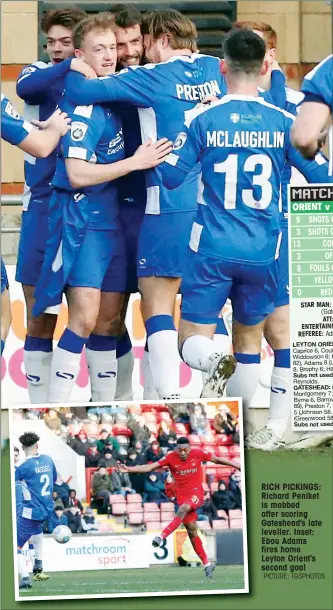  ?? PICTURE: TGSPHOTOS ?? RICH PICKINGS: Richard Peniket is mobbed after scoring Gateshead’s late leveller. Inset: Ebou Adams fires home Leyton Orient’s second goal