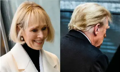  ?? Composite: Getty Images, Reuters ?? E Jean Carroll at federal court in New York on 26 January, and Donald Trump departing Trump Tower for court on the same day.