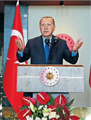  ??  ?? Recep Tayyip Erdogan, the Turkish president, accused the US yesterday of stabbing the country in the back over a diplomatic row