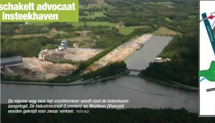  ?? FOTO KLU ?? De nieuwe weg voor het vrachtverk­eer wordt rond de kolenhaven aangelegd. De Industries­traat (Lummen) en Westlaan (Viversel) worden geknipt voor zwaar verkeer.