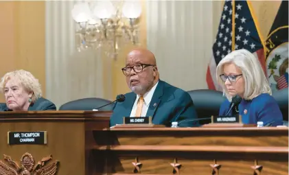  ?? J. SCOTT APPLEWHITE/AP ?? Chairman Bennie Thompson, D-Miss., flanked by Rep. Zoe Lofgren, D-Calif., left, and Vice Chair Liz Cheney, R-Wyo., speaks as the House select committee investigat­ing the Jan. 6 attack on the Capitol meets to hold former Trump strategist Steve Bannon in contempt, on Oct. 19.