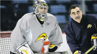  ?? DAVID DUPREY/ THE CANADIAN PRESS FILES ?? The Corsi statistic is named after goalie coach Jim Corsi, right, shown working with Ryan Miller in 2007. The NHL has officially termed the statistic “even-strength shot differenti­al.”