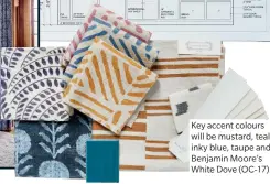 ??  ?? Key accent colours will be mustard, teal, inky blue, taupe and Benjamin Moore’s White Dove (OC-17).