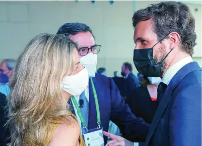  ?? EFE ?? Pablo Casado, Antonio Garamendi y Yolanda Díaz, ayer, en la Reunión del Círculo de Economía