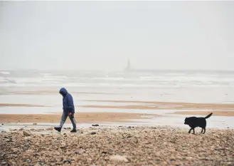  ??  ?? A dog walker takes to Roker Beach.