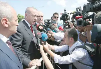  ?? — Reuters ?? Turkish President Tayyip Erdogan talks to media in the Black Sea city of Ordu, Turkey, on Saturday.