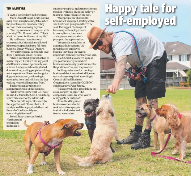  ??  ?? FOR A GOOD PAWS: Mark Dowsett turned his love of animals into a full-time business, Dawgy Walks &amp; Daycare.