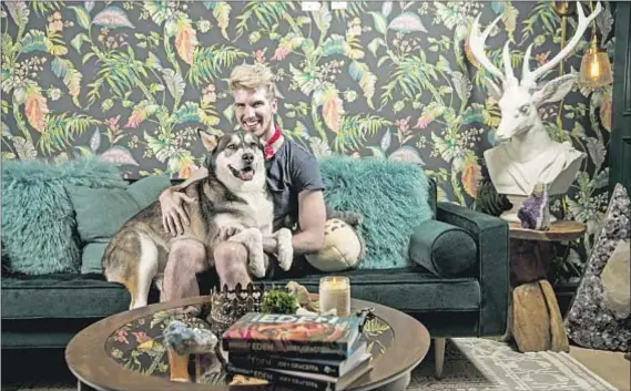  ?? Photograph­s by Kent Nishimura Los Angeles Times ?? SURROUNDED BY LEAFY wallpaper and woodsy touches, Joey Graceffa and his husky Wolf relax in his enchanted home office.