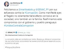  ??  ?? El embajador de los EE.UU. en Paraguay, Lee McClenny, destacó ayer en Twitter los esfuerzos en la lucha contra la corrupción.