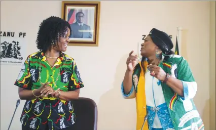  ?? (Picture by Kudakwashe Hunda) ?? First Lady and ZANU-PF secretary for Women’s Affairs Amai Grace Mugabe shares a lighter moment with secretary for Administra­tion Cde Leticia Undenge before the start of the national executive meeting at the ruling party’s national headquarte­rs in...