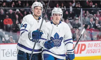  ?? ICON SPORTSWIRE VIA GETTY IMAGES FILE PHOTO ?? Fifty goals from young Toronto Maples Leafs stars Auston Matthews, left, and 90 points from Mitch Marner? It’s certainly conceivabl­e for this dynamic duo.