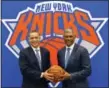  ?? SETH WENIG — ASSOCIATED PRESS FILE ?? Knicks general manager Scott Perry, left, and president Steve Mills are photograph­ed at a press conference in Greenburgh, N.Y., in July.