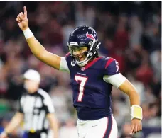 ?? ERIC CHRISTIAN SMITH / ASSOCIATED PRESS ?? Houston Texans quarterbac­k C.J. Stroud celebrates after a touchdown against the Cleveland Browns during their wild-card playoff game Saturday in Houston. Stroud threw for 274 yards and three touchdowns.