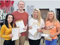  ??  ?? Coleg Cymunedol Y Dderwen pupils Nia Gronnow, Thomas Dare, Chloe Dent and Chloe Richards. Right, students from Porthcawl Comprehens­ive School celebrate their results