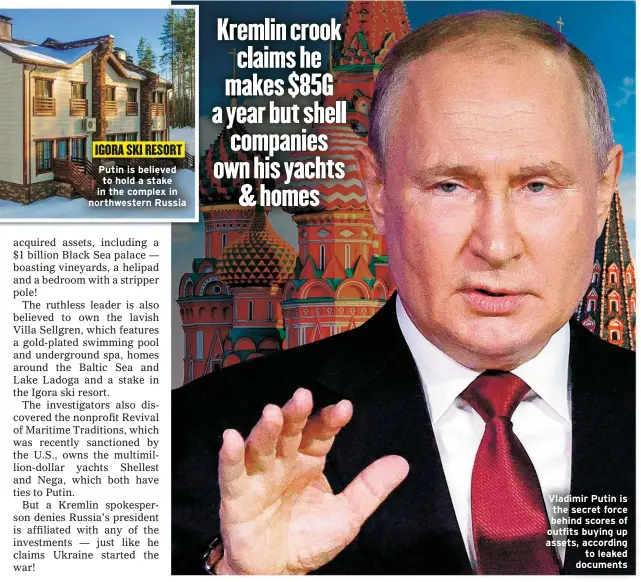  ?? ?? Putin is believed to hold a stake in the complex in northweste­rn Russia
Vladimir Putin is the secret force behind scores of outfits buying up assets, according to leaked documents