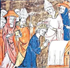  ?? ?? Charlemagn­e’s coronation by Pope Leo III depicted in a 14th-century French manuscript