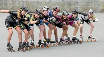 ?? JOHN BISSET/STUFF ?? South Canterbury skaters are gearing up for the New Zealand speed skating championsh­ips. PIctured from left are Tasha McAuley 13, Sam Clarke 13, Jody Thompson 13, Kaylum McAuley 14, Roshean O’Connor 14, Charlotte Clarke 16 and Emily Thompson 11.