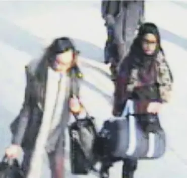  ??  ?? 0 Shamima Begum, right, passes through Gatwick airport on her way to Syria in 2015