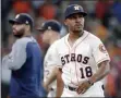  ?? MICHAEL WYKE - THE ASSOCIATED PRESS ?? FILE - In this July 24, 2019, file photo, Houston Astros left fielder Tony Kemp (18) leaves the field after a baseball game against the Oakland Athletics in Houston.