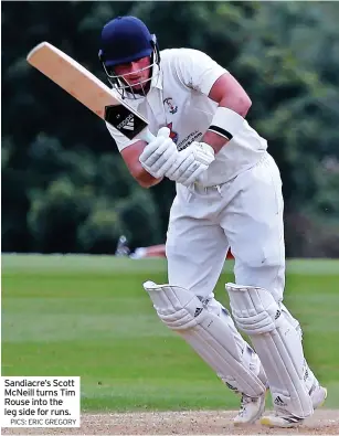  ?? PICS: ERIC GREGORY ?? Sandiacre’s Scott McNeill turns Tim Rouse into the leg side for runs.