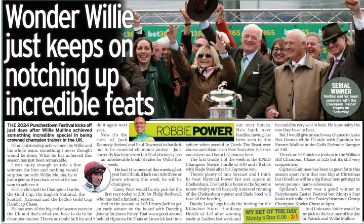  ?? ?? SERIAL WINNER Mullins and his team celebrate with the Champion Trainer trophy on Saturday