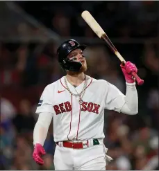  ?? MATT STONE — BOSTON HERALD ?? Red Sox outfielder Alex Verdugo reacts after striking out during a May 15 game. Verdugo and many Red Sox hitters are in a slump right now.