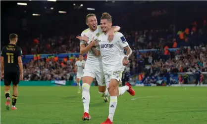  ??  ?? Kalvin Phillips celebrates opening the scoring for Leeds in their win over Crewe. Photograph: Simon Davies/ProSports/Shuttersto­ck