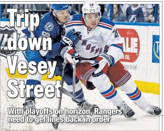  ?? AP ?? DRAWING OUTSIDE THE LINES: The Rangers’ Jimmy Vesey, who scored his first goal in 15 games against the Wild on Saturday, should be moved off the fourth line, allowing the Blueshirts to play with optimal set of lines going into the playoffs writes The...