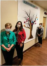  ?? RECORDER PHOTO BY ESTHER AVILA ?? From left, Carol Ann Moore, Crystal Davis and Tracy Canales show off their Survivor Tree. Each guest wrote words of encouragem­ent, and/or how many years they have been cancer-free to place on the tree at the Cancer Treatment Center at Sierra View Medical Center.