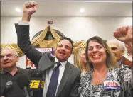  ?? Brian Pounds / Hearst Connecticu­t Media ?? Bridgeport Mayor Joe Ganim cheers after winning the Democratic mayoral primary on Tuesday in Bridgeport. At right is his sister Roseanne Ganim.