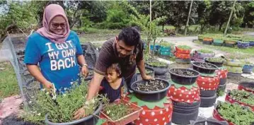  ??  ?? SITI Aida dan Nor Azizi menaman pokok bunga di dalam tayar terpakai di hadapan rumah mereka.