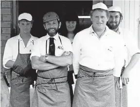  ?? DEENA COSTER/STUFF, FILE ?? Left, Joe Rauner, Goose Jenkins and Doug Gadsby are looking forward to meeting up with old friends on October 15, when a get-together will be held for former Waitara meat works’ employees. Above, Borthwicks butchery staff in 1982 included, from left, Wayne Holdt, David Lehndorf, Kay Brunning, Geoff Zimmerman and Graeme Duckett.